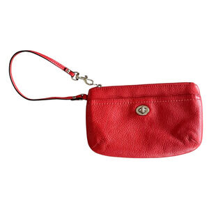 COACH Women's Small Red Pebble Leather Silver Turn Lock Top Zip Wristlet Classic